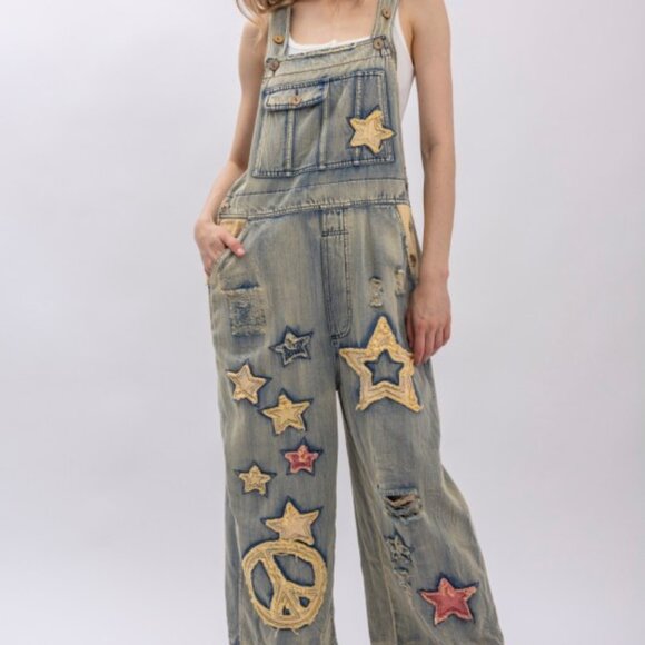 Star And Peace Patchwork Denim Bib Overalls PRE ORDER - Picture 9 of 14